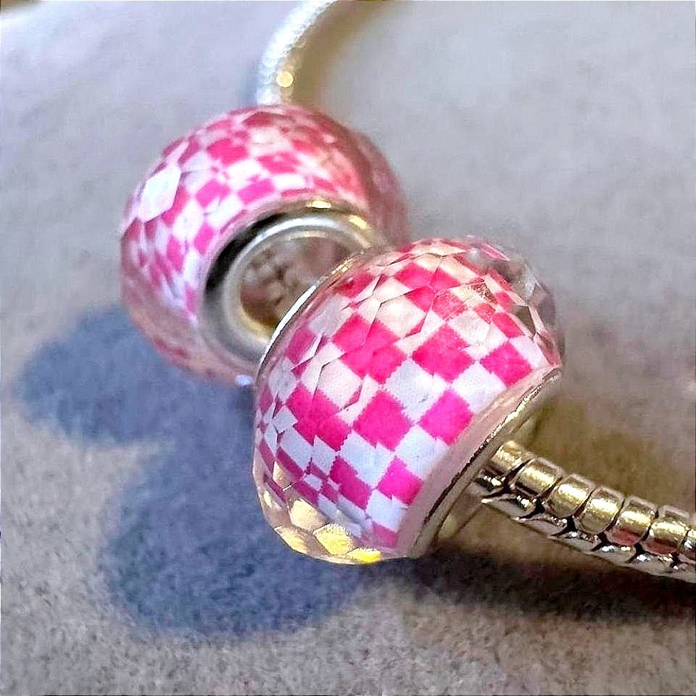 2 PCs Checkered Pink and White Spacer Charms fits PANDORA